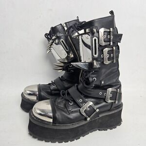 Demonia 10 Gravedigger Platform Combat Boots Black Silver Buckle Spikes Womens